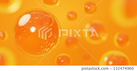 橙色背景上的多滴水滴。凝膠。背景材料。複製空間。 3D（橫向）。 132474960