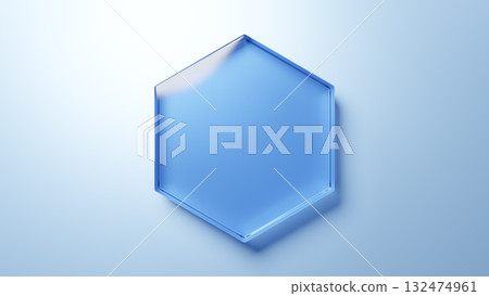 淺藍色背景上的藍色六角形玻璃。頂視圖。 3D(橫向)。 淺藍色背景上的藍色六角形玻璃。頂視圖。 3D(橫向)。 132474961