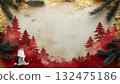 Gold leaf and red forest Japanese paper background New Year design decorated with cranes and pine branches 132475186