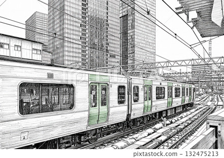 Yamanote Line watercolor painting, pen drawing, illustration of a train stopping at the platform (E235 series) 132475213
