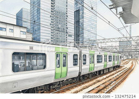 山手線水彩畫、鋼筆畫、停靠月台的列車插圖(E235系列) 山手線水彩畫、鋼筆畫、停靠月台的列車插圖(E235系列) 132475214