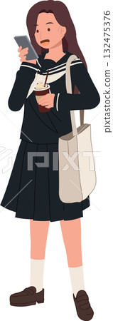 kawaii japanese student with tote bag checking phone and drinking bubble tea 132475376