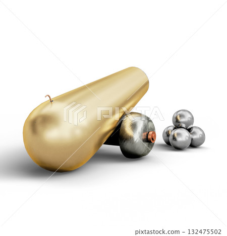 Golden and Silver Cannon Elements Composition on a White Background. 3D Illustration. File with Clipping Path 132475502