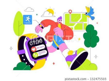 Smart Wearable Fitness Band Vector Illustration Featuring Smartwatch Tracker With Multimedia Apps For Lifestyle, Work, And Heart Rate Monitoring Smart Wearable Fitness Band Vector Illustration Featuring Smartwatch Tracker With Multimedia Apps For Lifestyle, Work, And Heart Rate Monitoring 132475503