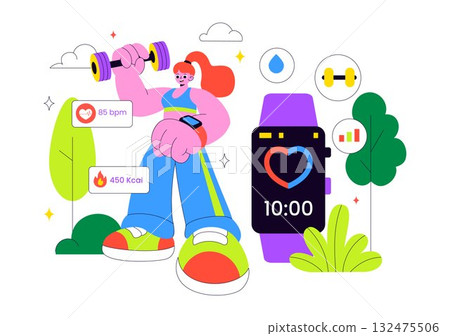 Smart Wearable Fitness Band Vector Illustration Featuring Smartwatch Tracker With Multimedia Apps For Lifestyle, Work, And Heart Rate Monitoring 132475506