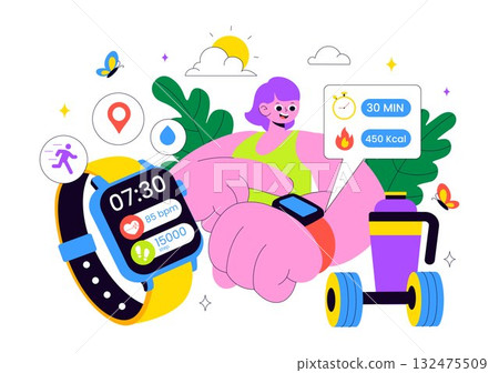 Smart Wearable Fitness Band Vector Illustration Featuring Smartwatch Tracker With Multimedia Apps For Lifestyle, Work, And Heart Rate Monitoring 132475509