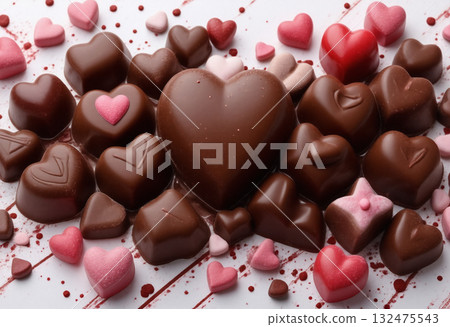 心形巧克力和帶有情人節字樣的紅心 心形巧克力和帶有情人節字樣的紅心 132475543