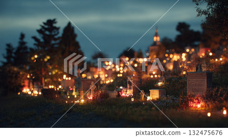 Tilt-shift cemetery at dusk with candlelights on hill Tilt-shift cemetery at dusk with candlelights on hill 132475676