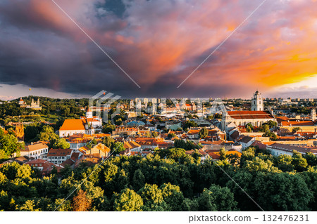 Sunset Sunrise Cityscape Of Vilnius, Lithuania In Summer. Beautiful Panoramic View Of Old Town In Evening Sunset Sunrise Cityscape Of Vilnius, Lithuania In Summer. Beautiful Panoramic View Of Old Town In Evening 132476231