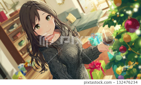 一位二十多歲的女子在客廳拿著酒杯,客廳裡有一棵聖誕樹 一位二十多歲的女子在客廳拿著酒杯,客廳裡有一棵聖誕樹 132476234