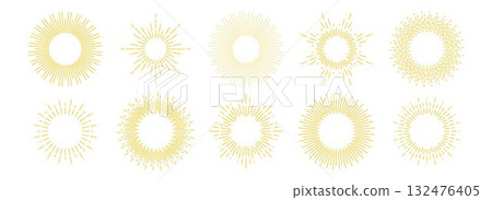 Golden sunburst frame collection. Retro gold radial sun light border set. Vintage sun beams or rays circle element pack for cadre, decor, label, badge, emblem. Vector yellow round boarder bundle 132476405
