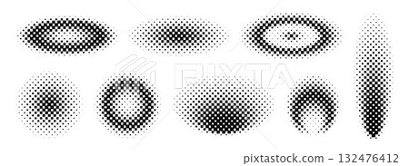 Halftone gradient collection. Dotted texture round and ellipse patterns. Comic faded circles and ovals background set. Pixelated halfton element group for frame, poster, collage, banner, flyer. Vector Halftone gradient collection. Dotted texture round and ellipse patterns. Comic faded circles and ovals background set. Pixelated halfton element group for frame, poster, collage, banner, flyer. Vector 132476412