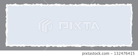 Wide paper frame with jagged edges. White and blue blank torn paper sheet wallpaper. Ripped grunge page template background for poster, text box, banner, collage. Vector rectangle craft backdrop 132476415