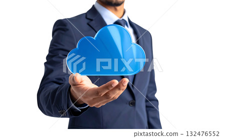 Floating 3D cloud upload icon touched by a businessman | No background, transparent PNG, copy space Floating 3D cloud upload icon touched by a businessman | No background, transparent PNG, copy space 132476552