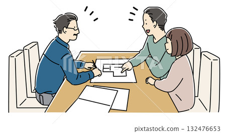 建築師和夫婦開會看建築圖_顏色 132476653