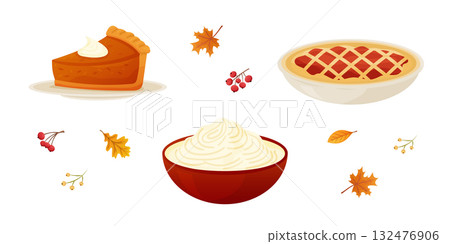 Delicious autumn desserts featuring pumpkin pie, apple pie, whipped cream, and colorful leaves, perfect for seasonal celebrations and gatherings 132476906