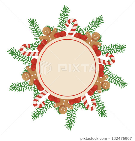 Christmas candy wreath with gingerbread cookies and pine branches Christmas candy wreath with gingerbread cookies and pine branches 132476907