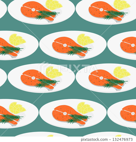 Salmon steak with lemon slices and Rosemary Twigs on white Plate Seamless Pattern Healthy Food Fond 132476973