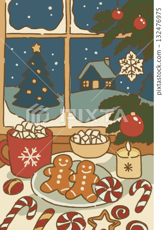 Snowy scenery from the window and a cute Christmas candy table Snowy scenery from the window and a cute Christmas candy table 132476975