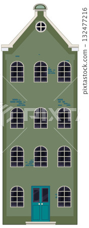 Green Dutch Canal House Vector Illustration with Arched Windows 132477216