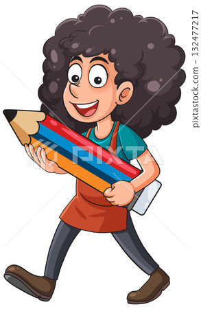 Cartoon Artist Carrying Large Colorful Pencil Illustration Cartoon Artist Carrying Large Colorful Pencil Illustration 132477217