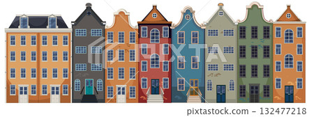 Colorful Dutch Canal Houses Row Vector Illustration 132477218