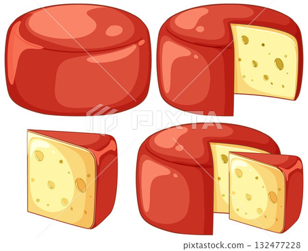 Round Cheese Wheels with Red Wax Coating and Slices Round Cheese Wheels with Red Wax Coating and Slices 132477228