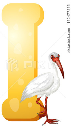 White Ibis Standing Beside Large Yellow Letter I 132477233