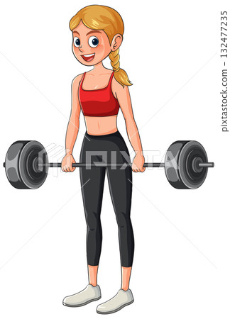Smiling Woman Lifting Barbell in Athletic Outfit 132477235