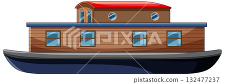 Wooden Houseboat with Red Roof Side View Vector 132477237