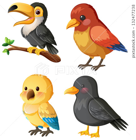 Colorful Cartoon Birds in Vector Illustration Set 132477238