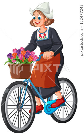 Dutch Woman in Traditional Dress Riding Bicycle with Tulips Dutch Woman in Traditional Dress Riding Bicycle with Tulips 132477242