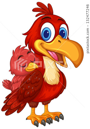 Cartoon Red Parrot with Sleeping Chick on Wing Cartoon Red Parrot with Sleeping Chick on Wing 132477246
