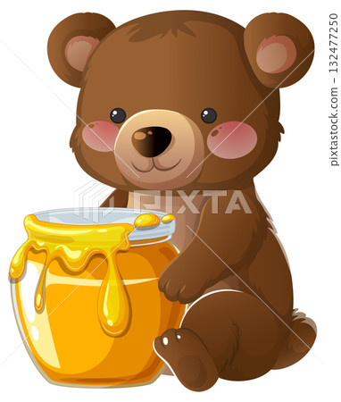 Cute Brown Bear Sitting with Honey Jar Illustration Cute Brown Bear Sitting with Honey Jar Illustration 132477250
