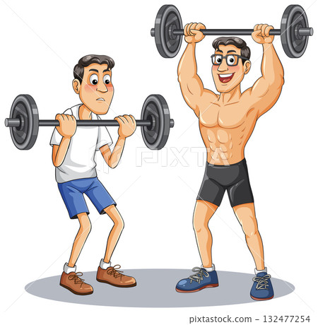 Strong and Weak Men Lifting Barbells Side by Side 132477254