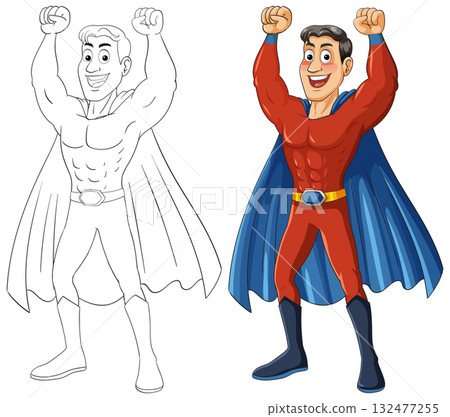 Smiling Superhero Raising Arms in Victory Pose Smiling Superhero Raising Arms in Victory Pose 132477255