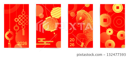 2026 Year of the Horse Premium Backgrounds Collection: Red and Gold Templates with Lanterns, Knot Ornaments, Horse Silhouette and Golden Coin Circles. Chinese New Year Posts, Stories. 132477393