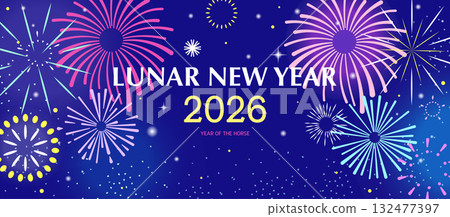 Lunar New Year 2026 Fireworks Banner. Chinese New Year Greeting with Colorful Fireworks on Night Sky Background. Festive Asian Korean Japanese Celebration Card Template Design. 132477397
