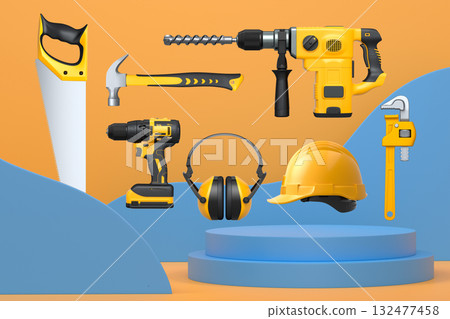 Construction tools and safety equipment floating over podium on abstract background, industrial work and protection concept 132477458