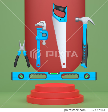 Construction tools and safety equipment floating over podium on abstract background, industrial work and protection concept 132477461