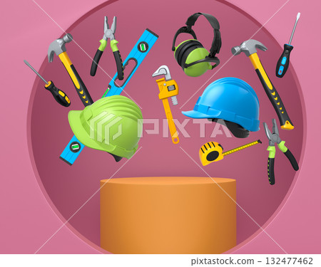 Construction tools and safety equipment floating over podium on abstract background, industrial work and protection concept 132477462