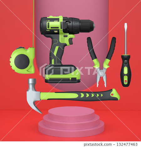 Construction tools and safety equipment floating over podium on abstract background, industrial work and protection concept 132477463