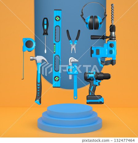 Construction tools and safety equipment floating over podium on abstract background, industrial work and protection concept Construction tools and safety equipment floating over podium on abstract background, industrial work and protection concept 132477464