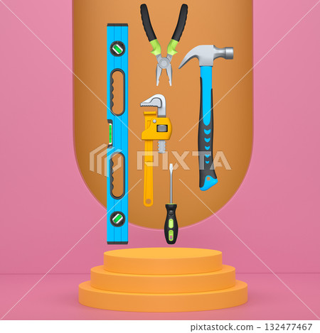 Construction tools and safety equipment floating over podium on abstract background, industrial work and protection concept 132477467