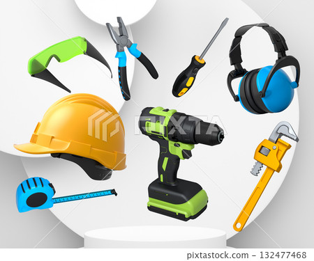 Construction tools and safety equipment floating over podium on abstract background, industrial work and protection concept 132477468