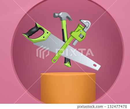 Colorful saw, hammer, and wrench floating in mid-air above white pedestal or podium, concept of construction and repair 132477478