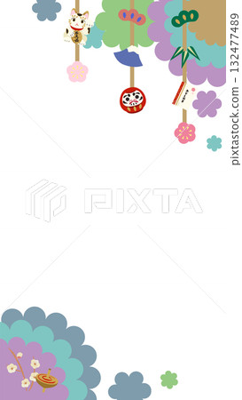 Vertical Japanese-style frame illustration of New Year's decorations and lucky charms Vertical Japanese-style frame illustration of New Year's decorations and lucky charms 132477489