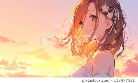 動漫插畫：一位戴著櫻花髮飾、在日落時分的海灘上微笑的女子 132477531