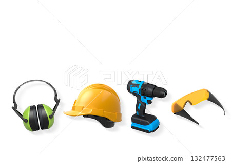 Safety earmuffs, hard hat, cordless drill, and safety goggles isolated on white background with clipping path, construction safety 132477563