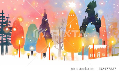 冬日暮色中閃閃發光的森林和橙色的天空 132477887